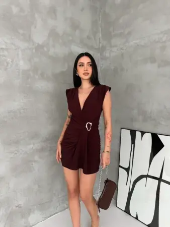 Kruvaze Drapeli Tokalı Mini Elbise Şık Gece Davet Abiye - Kahverengi - 3