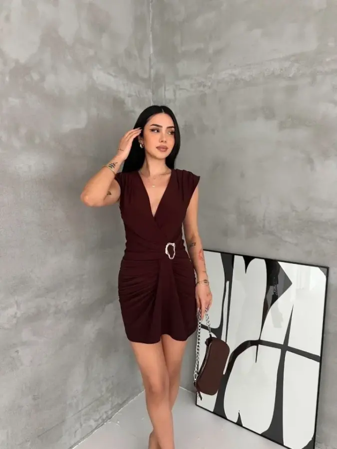 Kruvaze Drapeli Tokalı Mini Elbise Şık Gece Davet Abiye - Kahverengi - 4