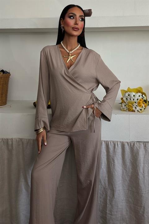 Kruvaze Model Klasik Pantolonlu Çupra Keten Takım 10191 - 2