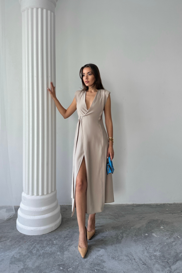 KRUVAZE VATKALI KOLSUZ ELBİSE MODAL KUMAŞ - Bej - 1