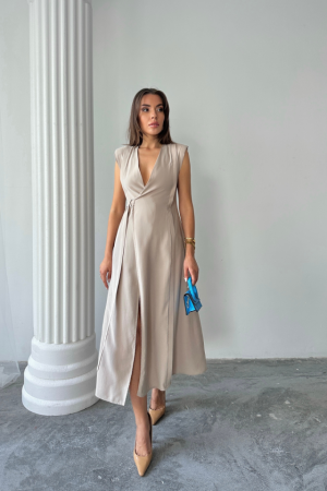 KRUVAZE VATKALI KOLSUZ ELBİSE MODAL KUMAŞ - Bej - 2