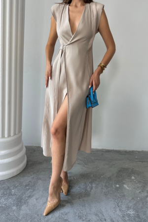 KRUVAZE VATKALI KOLSUZ ELBİSE MODAL KUMAŞ - Bej - 3