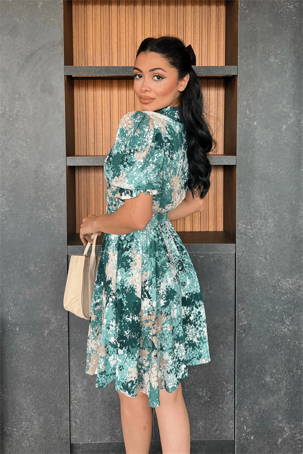 Kruvaze Yaka Beli Lastikli Mini Elbise - YEŞİL - 5