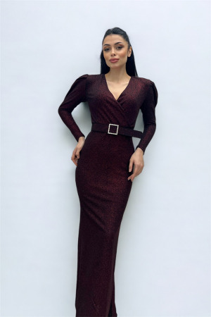 Kruvaze Yaka Kemer Detaylı Elbise - BORDO - Angelino Moda (1)