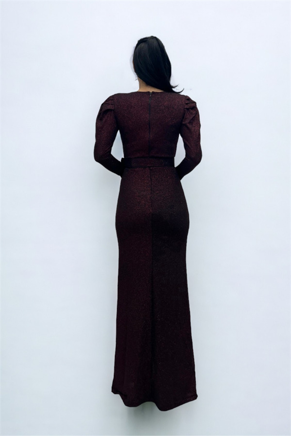 Kruvaze Yaka Kemer Detaylı Elbise - BORDO - 5