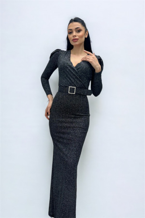 Kruvaze Yaka Kemer Detaylı Elbise - GÜMÜŞ - Angelino Moda