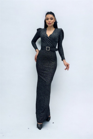 Kruvaze Yaka Kemer Detaylı Elbise - GÜMÜŞ - 3