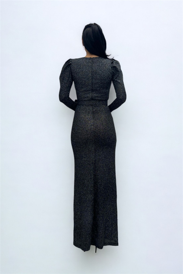 Kruvaze Yaka Kemer Detaylı Elbise - GÜMÜŞ - 5