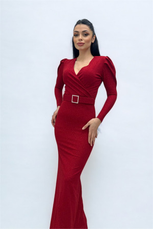 Kruvaze Yaka Kemer Detaylı Elbise - KIRMIZI - Angelino Moda