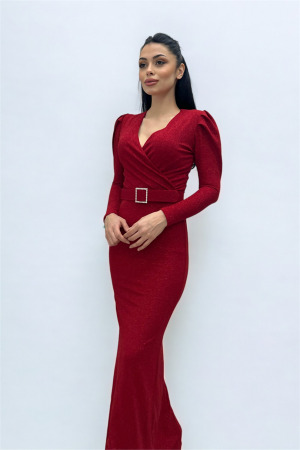 Kruvaze Yaka Kemer Detaylı Elbise - KIRMIZI - Angelino Moda (1)