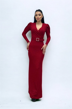 Kruvaze Yaka Kemer Detaylı Elbise - KIRMIZI - 3