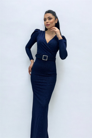 Kruvaze Yaka Kemer Detaylı Elbise - LACİVERT - Angelino Moda