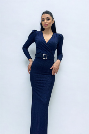 Kruvaze Yaka Kemer Detaylı Elbise - LACİVERT - Angelino Moda (1)