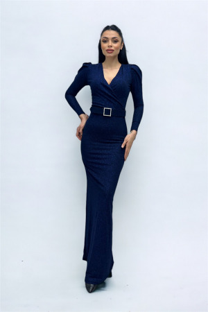 Kruvaze Yaka Kemer Detaylı Elbise - LACİVERT - 4