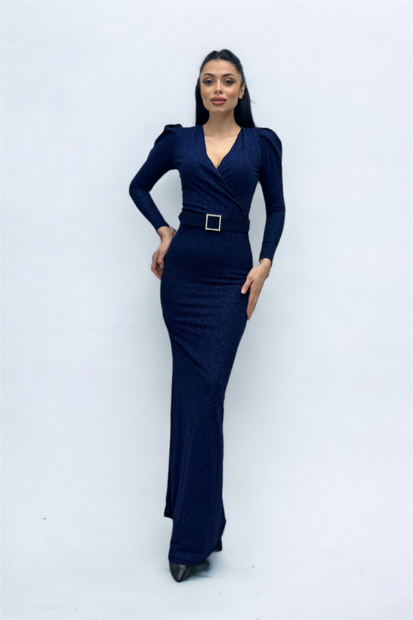 Kruvaze Yaka Kemer Detaylı Elbise - LACİVERT - 4