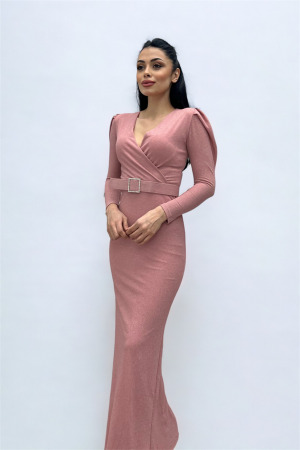 Kruvaze Yaka Kemer Detaylı Elbise - PUDRA - Angelino Moda