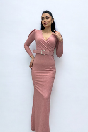 Kruvaze Yaka Kemer Detaylı Elbise - PUDRA - Angelino Moda (1)