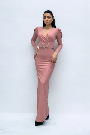 Kruvaze Yaka Kemer Detaylı Elbise - PUDRA - 3