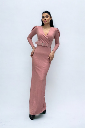 Kruvaze Yaka Kemer Detaylı Elbise - PUDRA - 4