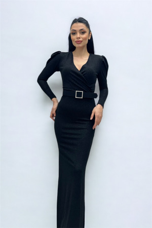 Kruvaze Yaka Kemer Detaylı Elbise - SİYAH - Angelino Moda