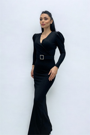 Kruvaze Yaka Kemer Detaylı Elbise - SİYAH - Angelino Moda (1)