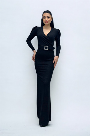 Kruvaze Yaka Kemer Detaylı Elbise - SİYAH - 3