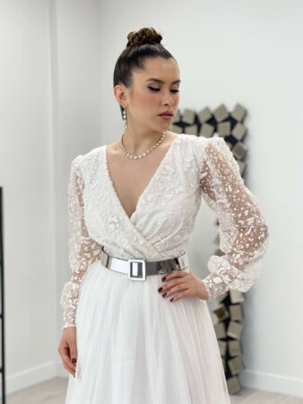 Kruvaze Yaka Simli Kumaş Elbise - BEYAZ - 4