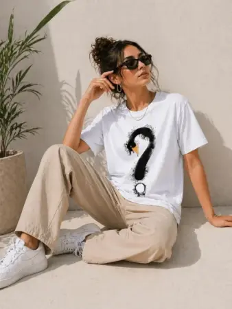 Kuğu Figürlü Soru İşareti Baskılı Tişört Kısa Kol T-Shirt - Beyaz - 1