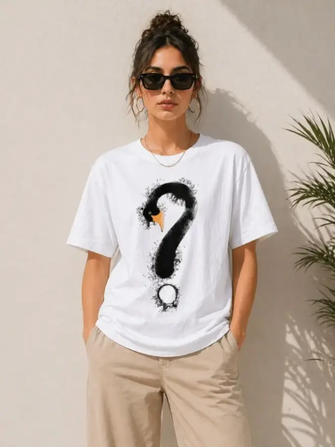 Kuğu Figürlü Soru İşareti Baskılı Tişört Kısa Kol T-Shirt - Beyaz - 2