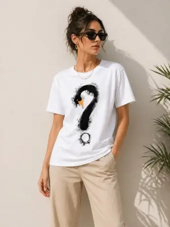 Kuğu Figürlü Soru İşareti Baskılı Tişört Kısa Kol T-Shirt - Beyaz - 3