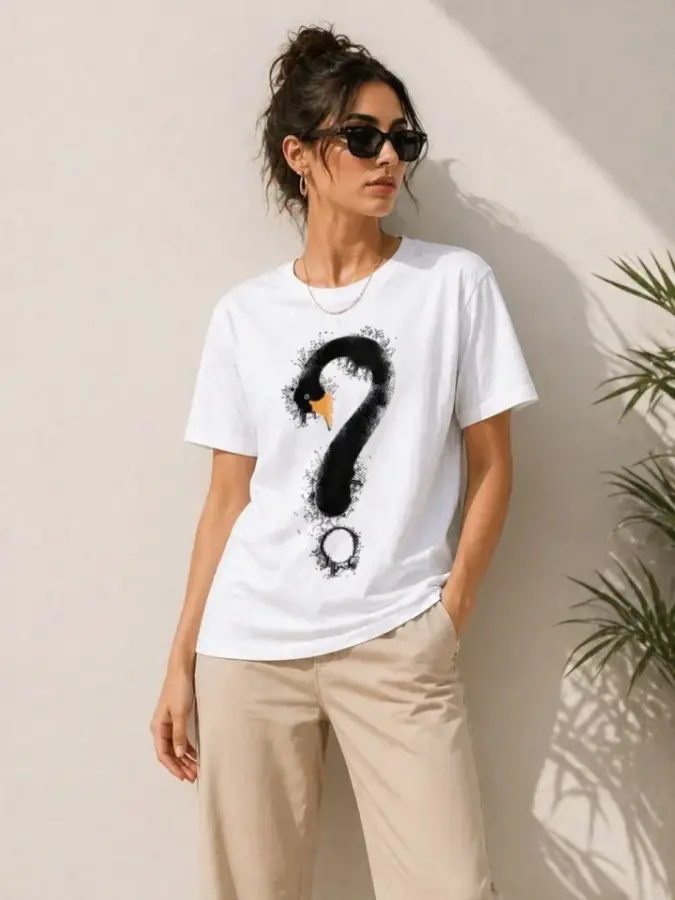 Kuğu Figürlü Soru İşareti Baskılı Tişört Kısa Kol T-Shirt - Beyaz - 3