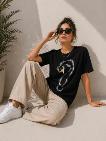 Kuğu Figürlü Soru İşareti Baskılı Tişört Kısa Kol T-Shirt - Siyah - 1