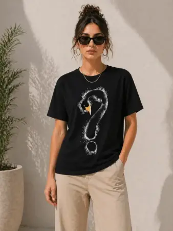 Kuğu Figürlü Soru İşareti Baskılı Tişört Kısa Kol T-Shirt - Siyah - 2
