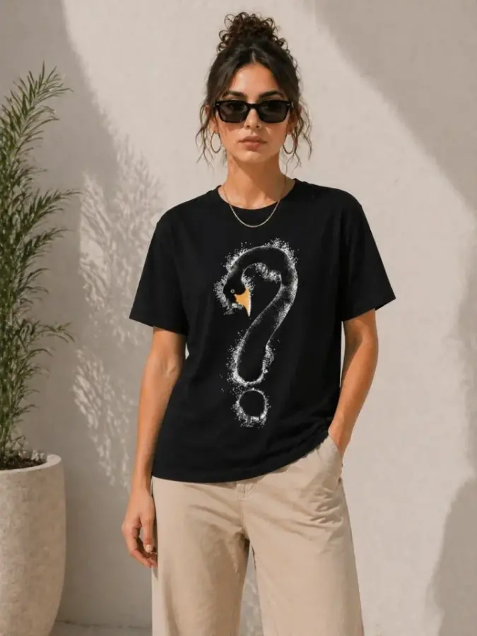 Kuğu Figürlü Soru İşareti Baskılı Tişört Kısa Kol T-Shirt - Siyah - 2