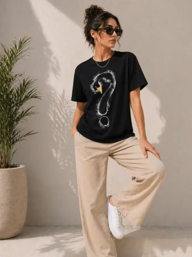 Kuğu Figürlü Soru İşareti Baskılı Tişört Kısa Kol T-Shirt - Siyah - 3