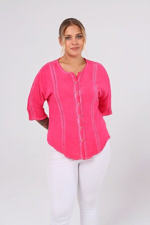 Kuplu BüyükBeden Yıkamalı Gömlek Fuşya-Pembe - 3