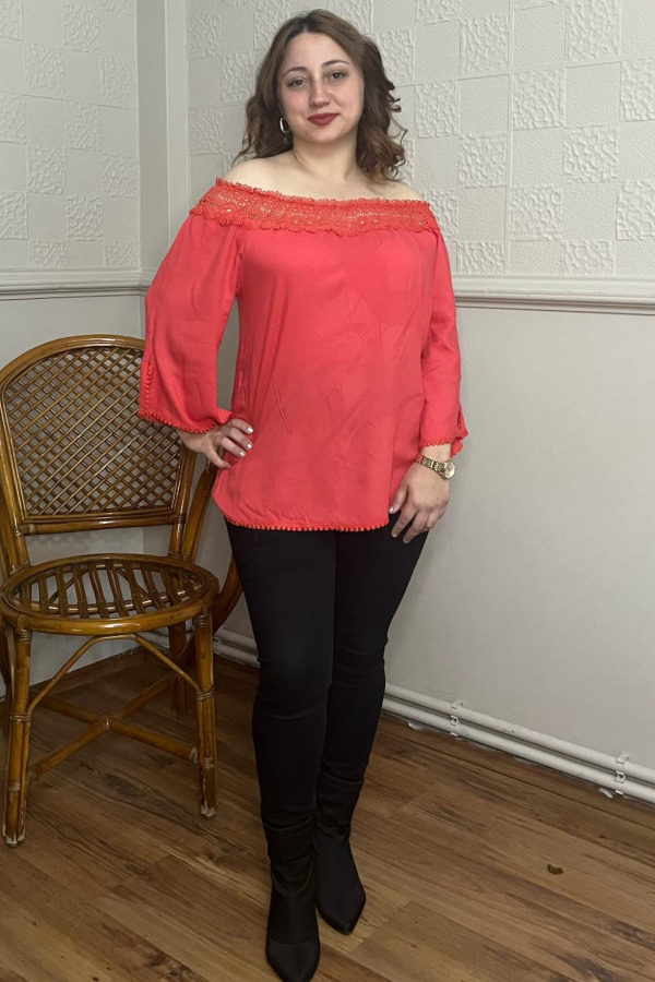 Lace Collar Plus Size Blouse Coral - 2