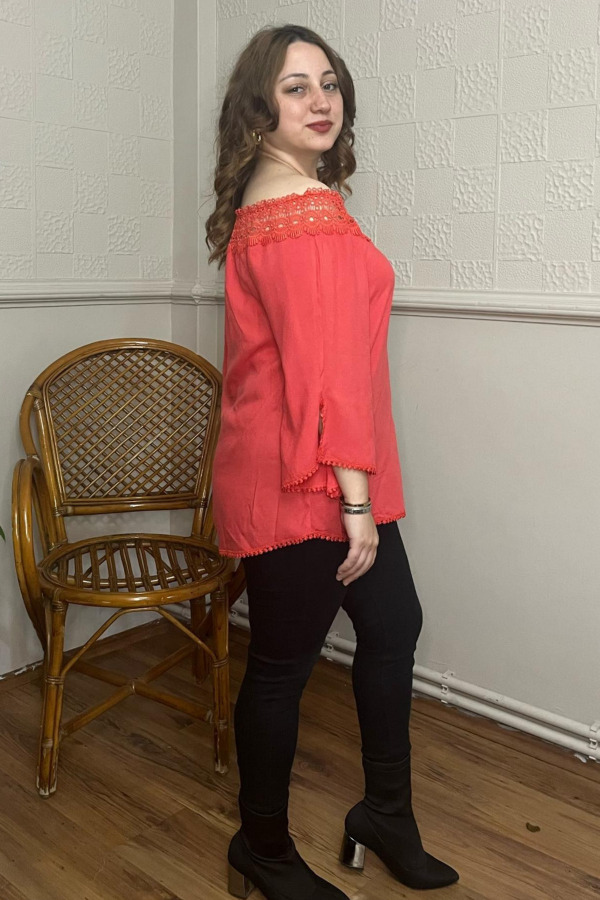 Lace Collar Plus Size Blouse Coral - 3