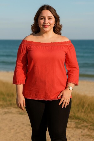 Lace Collar Plus Size Blouse Coral - 1
