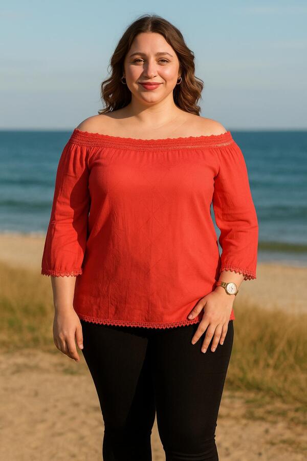 Lace Collar Plus Size Blouse Coral - 1