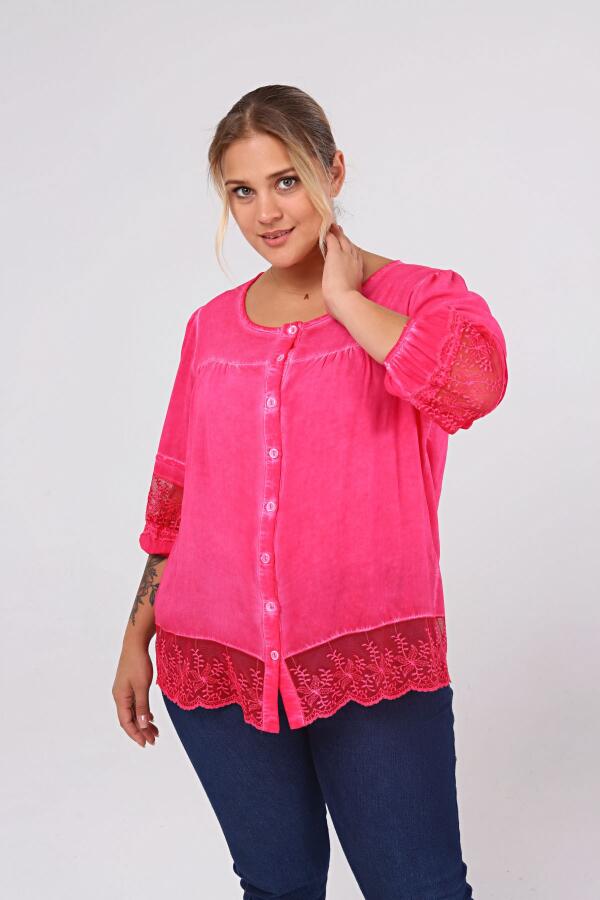 Lace Detail Plus Size Shirt Blouse Fuchsia-Pink - 3