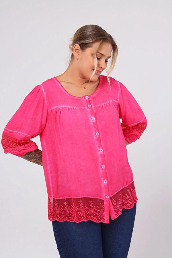 Lace Detail Plus Size Shirt Blouse Fuchsia-Pink - 5