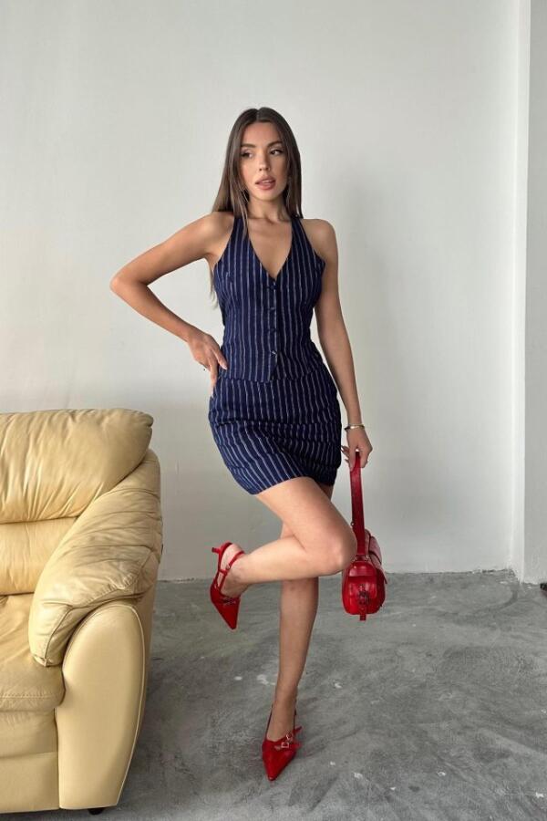 Lacivert Çizgili Yelek Ve Etek Takım - 2