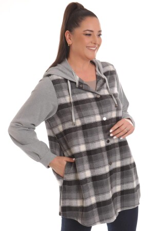 Plus Size Black Plaid Woven Black Shirt with Hood and Pockets - 1