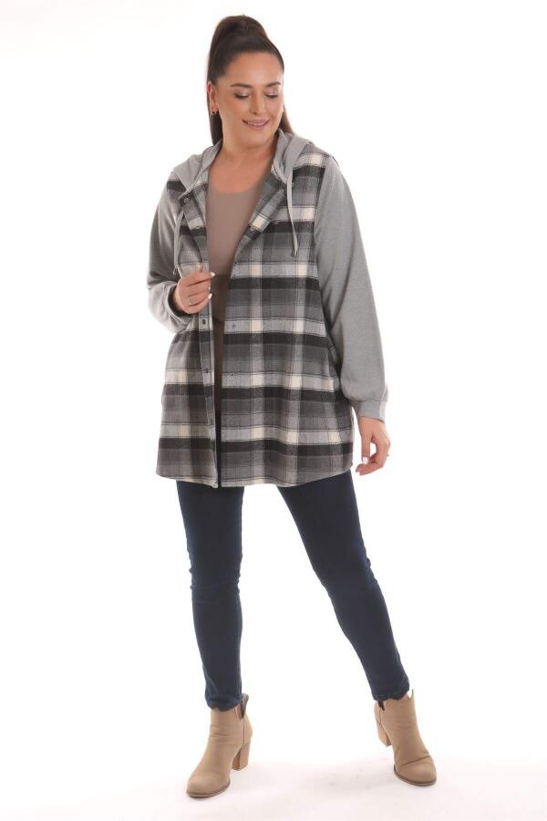 Plus Size Black Plaid Woven Black Shirt with Hood and Pockets - 2