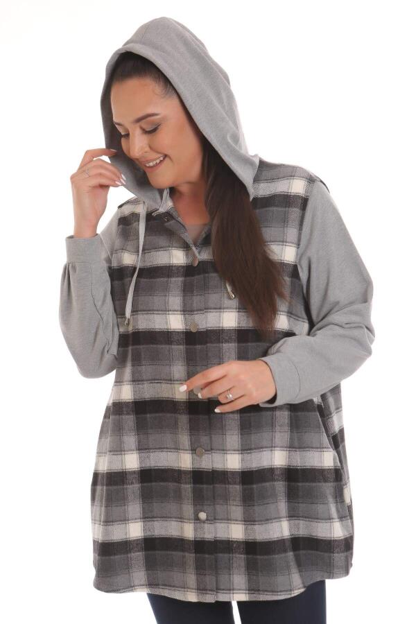 Plus Size Black Plaid Woven Black Shirt with Hood and Pockets - 3