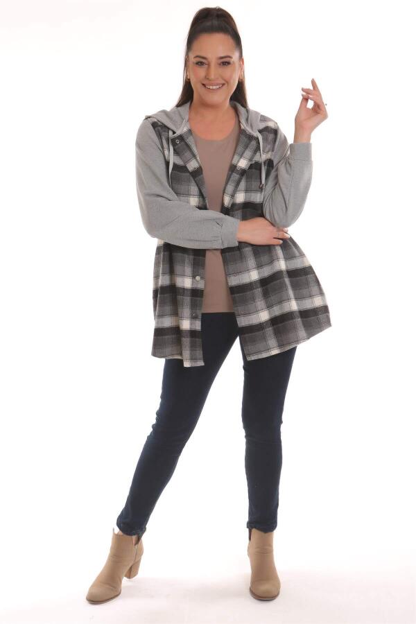 Plus Size Black Plaid Woven Black Shirt with Hood and Pockets - 4