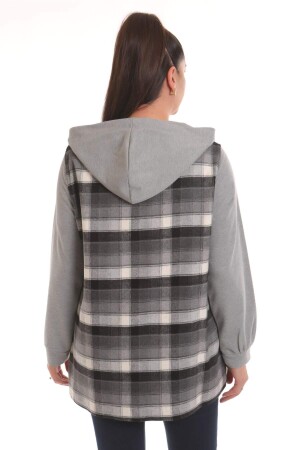 Plus Size Black Plaid Woven Black Shirt with Hood and Pockets - 5