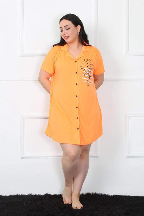 Large Size Combed Cotton Buttoned Orange Tunic Nightgown 1025 - 1