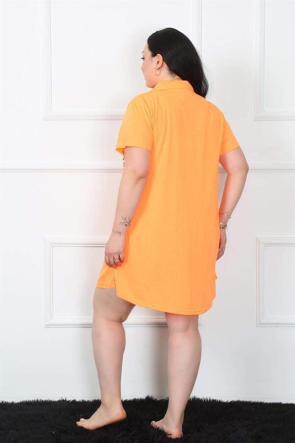 Large Size Combed Cotton Buttoned Orange Tunic Nightgown 1025 - 4